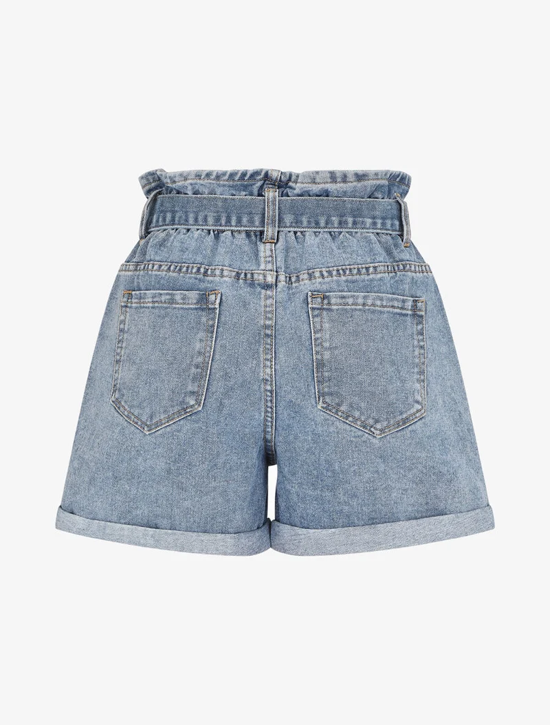 Kurze Paperbag-Hose mit hoher Taille - Denimblau