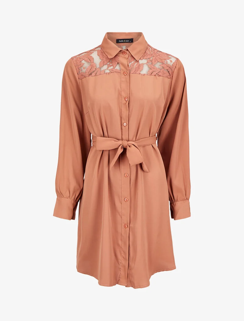 Weites Hemdkleid mit Spitzenärmeln - Helles Kamel
