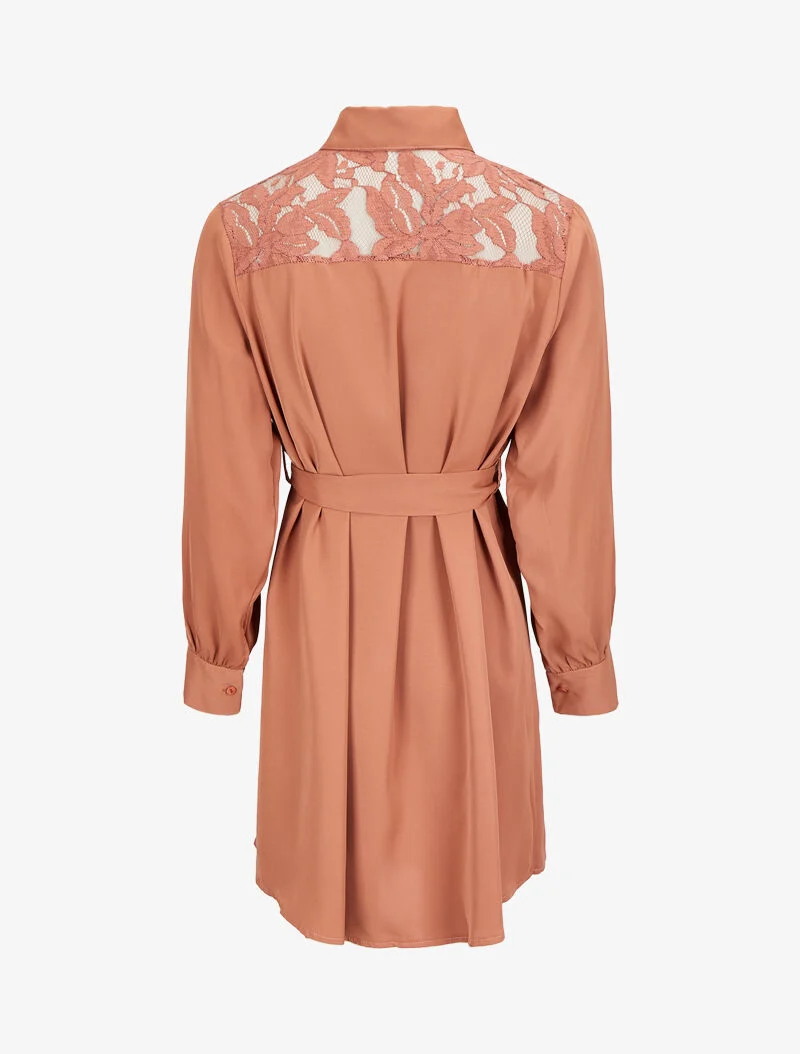 Weites Hemdkleid mit Spitzenärmeln - Helles Kamel