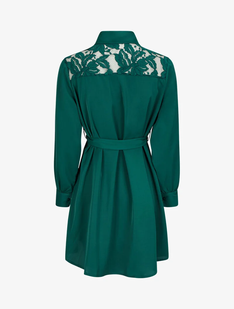 Weites Hemdkleid mit Spitzenärmeln - Tannengrün