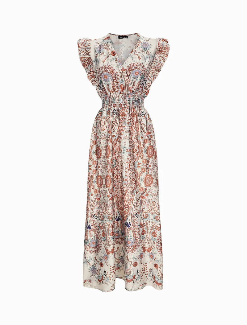 Satiniertes Empire-Maxikleid mit stilisiertem Paisleymuster - Beige