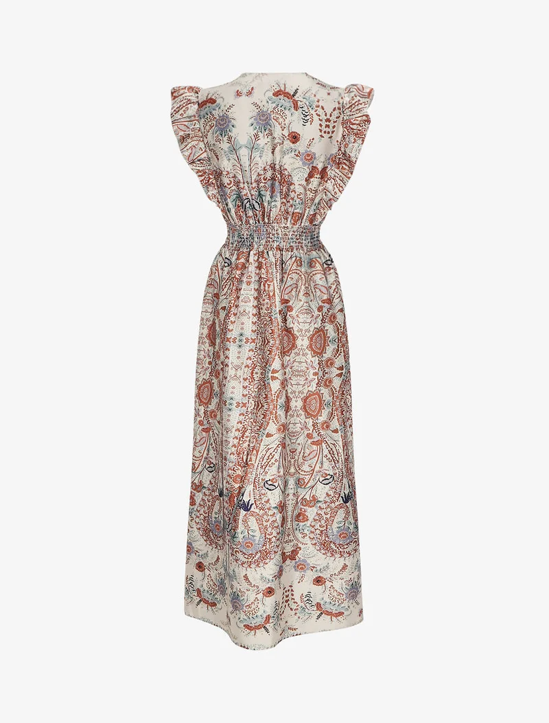 Satiniertes Empire-Maxikleid mit stilisiertem Paisleymuster - Beige
