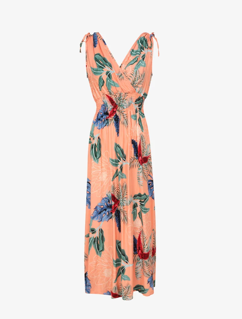 Langes tailliertes Kleid mit großem tropischem Blumenmuster - Lachsrosa