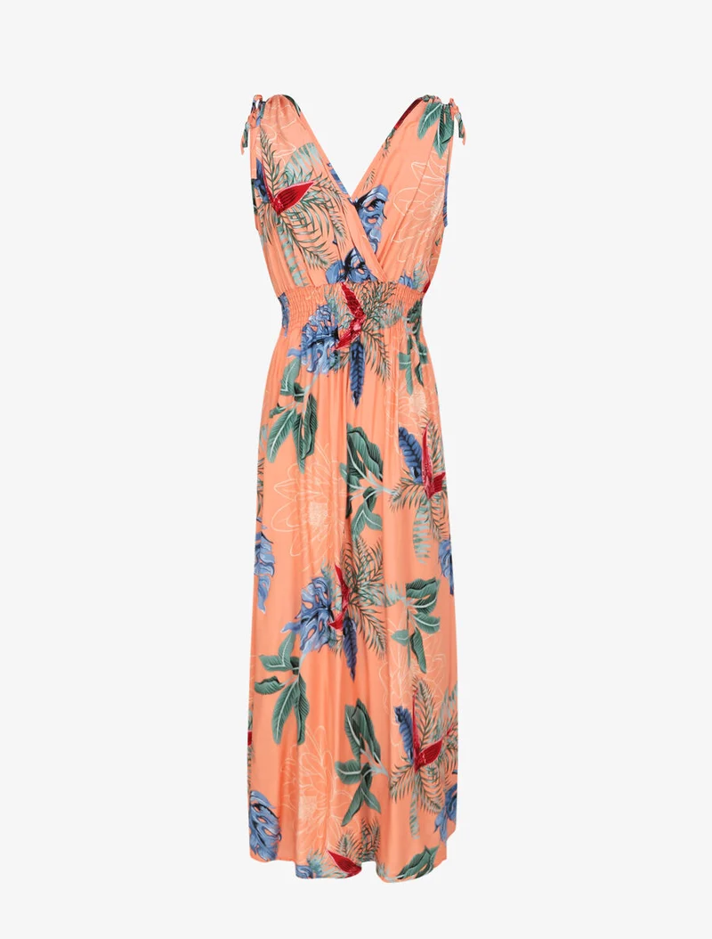 Langes tailliertes Kleid mit großem tropischem Blumenmuster - Lachsrosa
