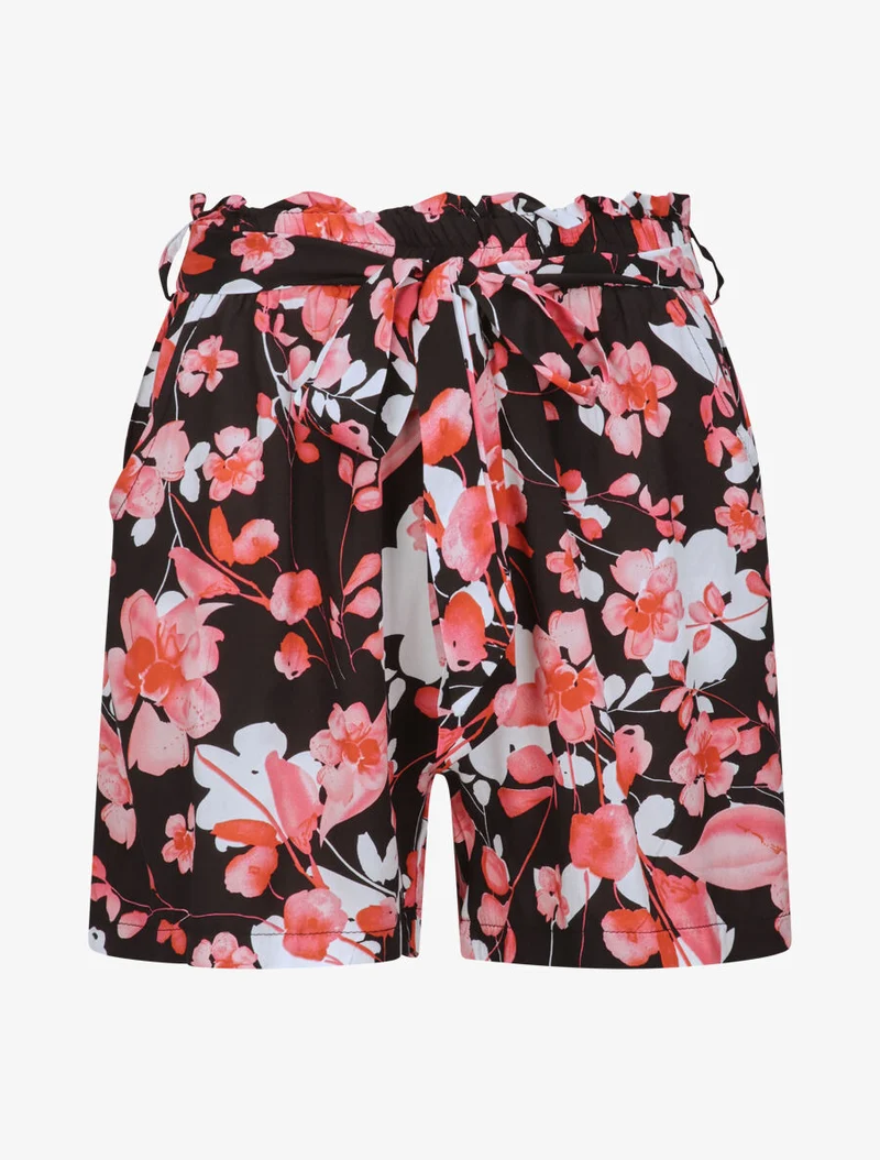 Kurze fließende Shorts mit Rosenblütenmotiven - Schwarz