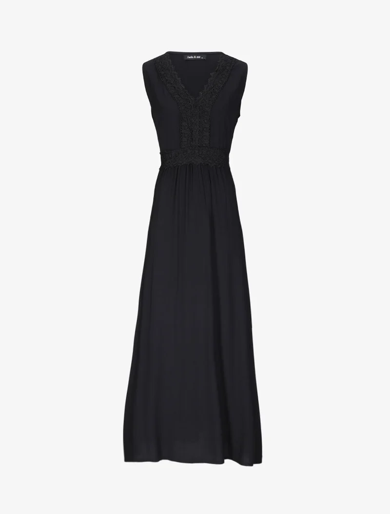 Langes, ausgestelltes einfarbiges Kleid mit Häkelkragen - Schwarz