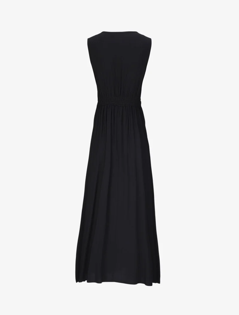 Langes, ausgestelltes einfarbiges Kleid mit Häkelkragen - Schwarz