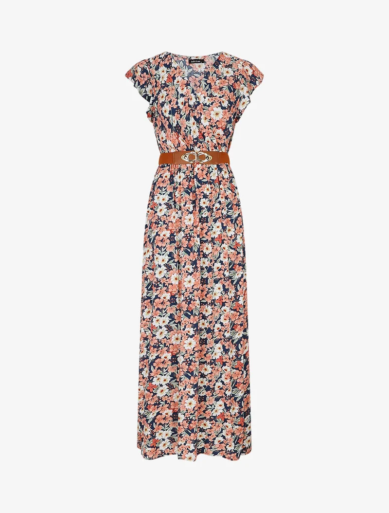 Langes Kleid mit Blumenmuster und Rüschenärmeln - Marine