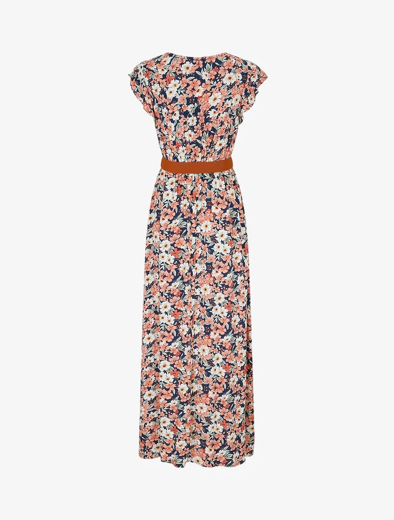 Langes Kleid mit Blumenmuster und Rüschenärmeln - Marine