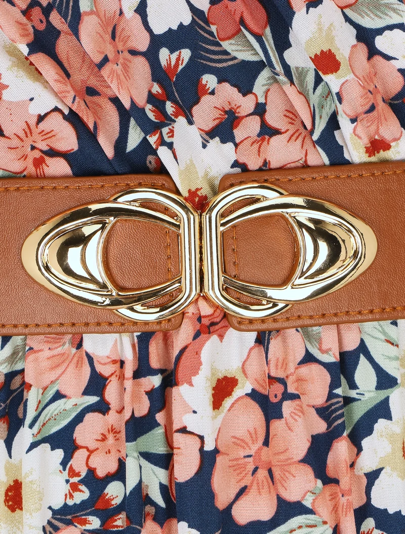 Langes Kleid mit Blumenmuster und Rüschenärmeln - Marine