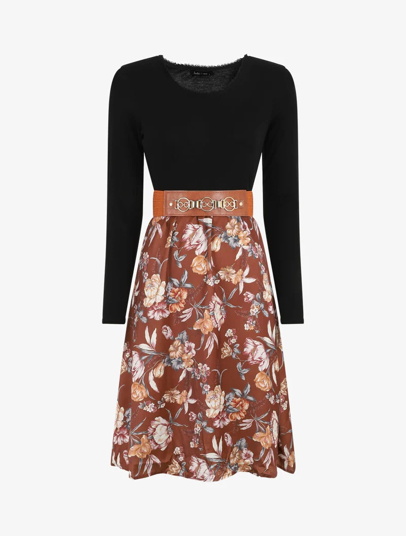 Zweifarbiges Kleid mit Blumenmuster - Braun