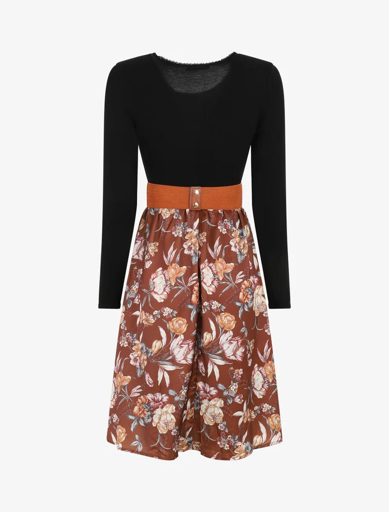 Zweifarbiges Kleid mit Blumenmuster - Braun