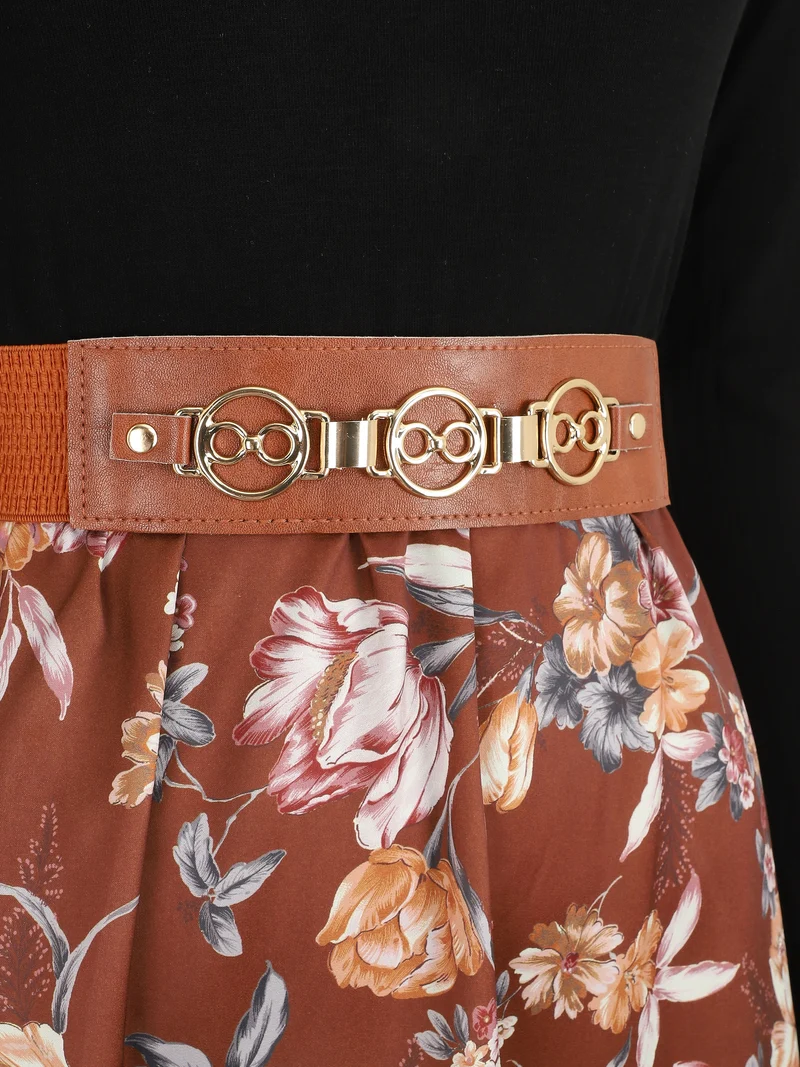 Zweifarbiges Kleid mit Blumenmuster - Braun