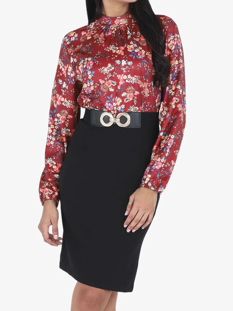 Satiniertes Kleid mit Blumenmuster - Bordeaux