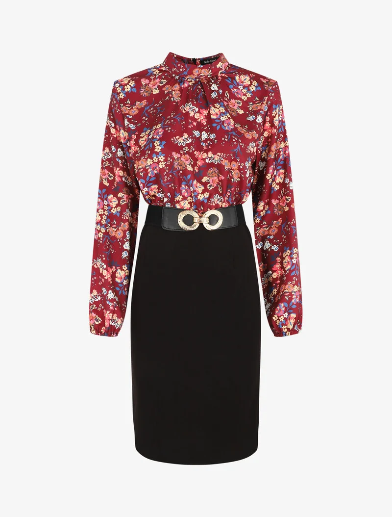 Satiniertes Kleid mit Blumenmuster - Bordeaux