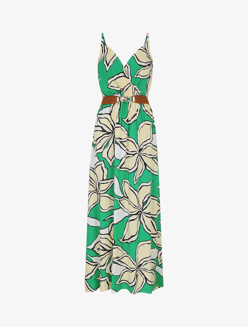 Langes Kleid mit großem Blumenmuster - Grün