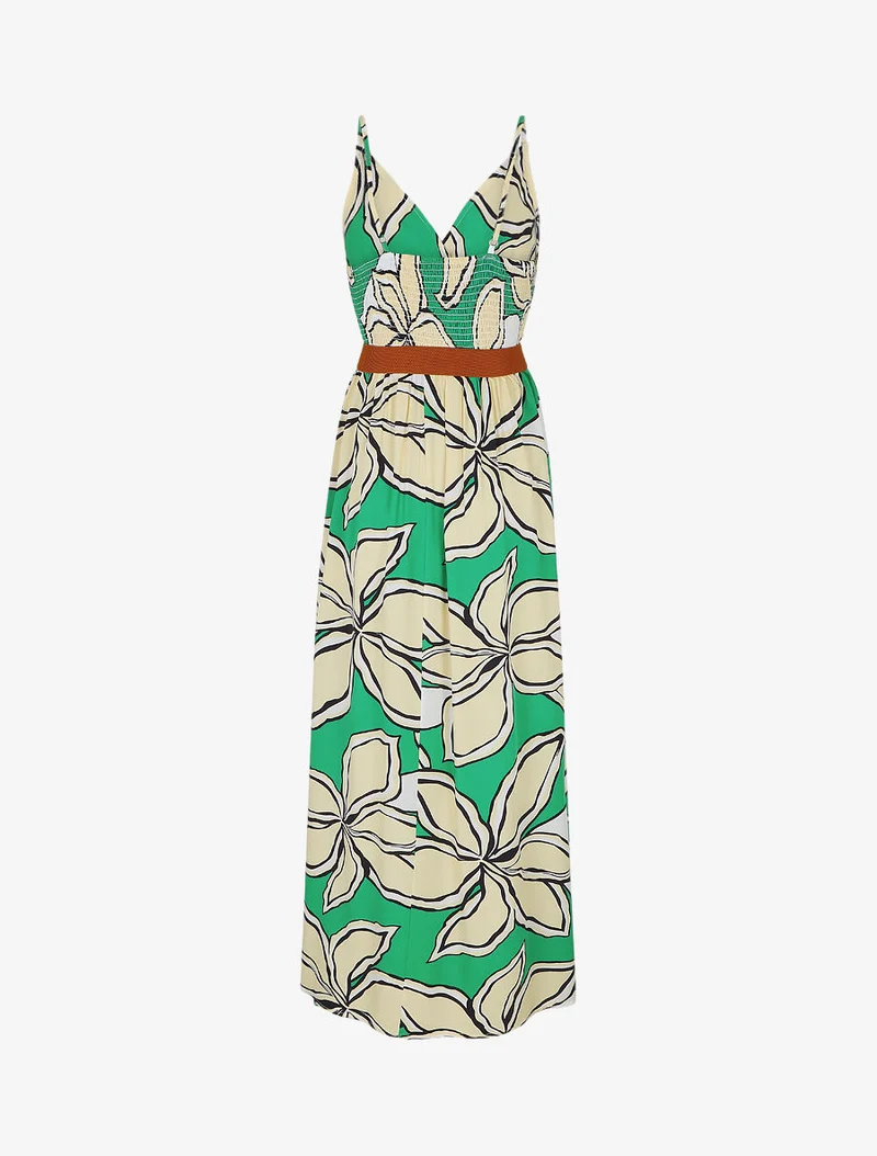 Langes Kleid mit großem Blumenmuster - Grün