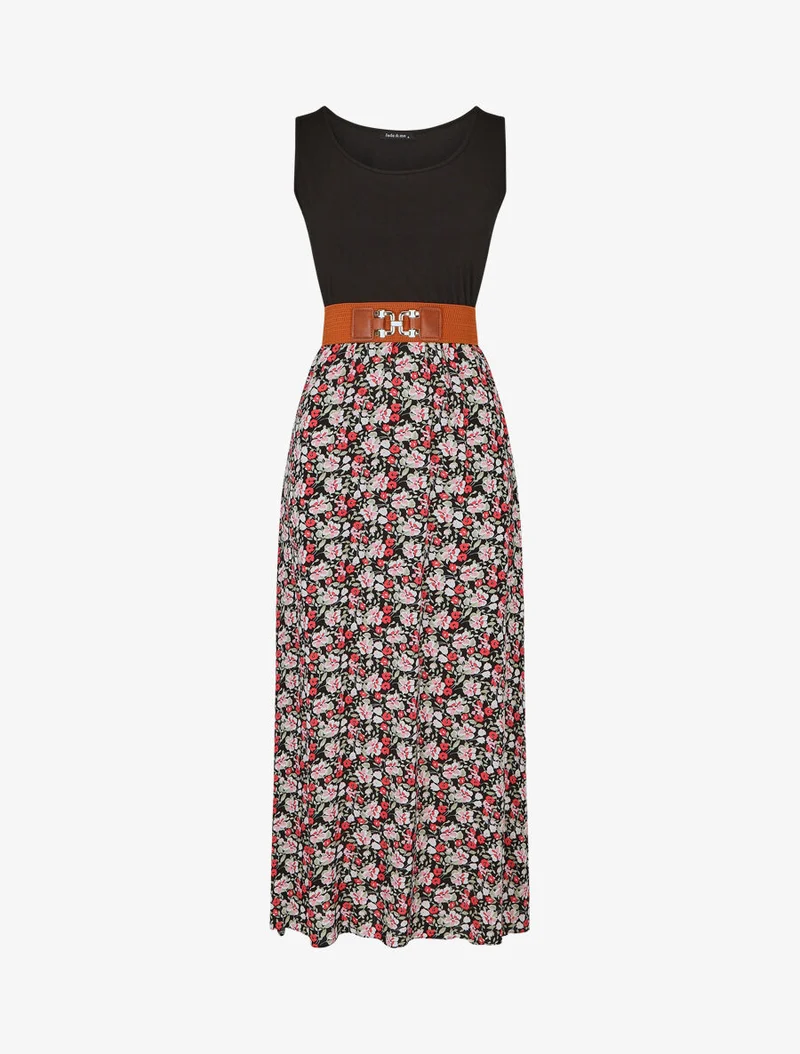 Zweifarbiges Kleid mit kleinem Blumenmuster - Schwarz