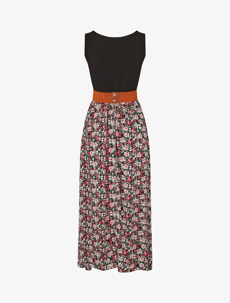 Zweifarbiges Kleid mit kleinem Blumenmuster - Schwarz