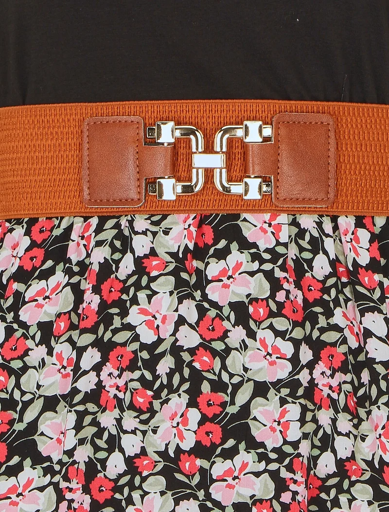 Zweifarbiges Kleid mit kleinem Blumenmuster - Schwarz