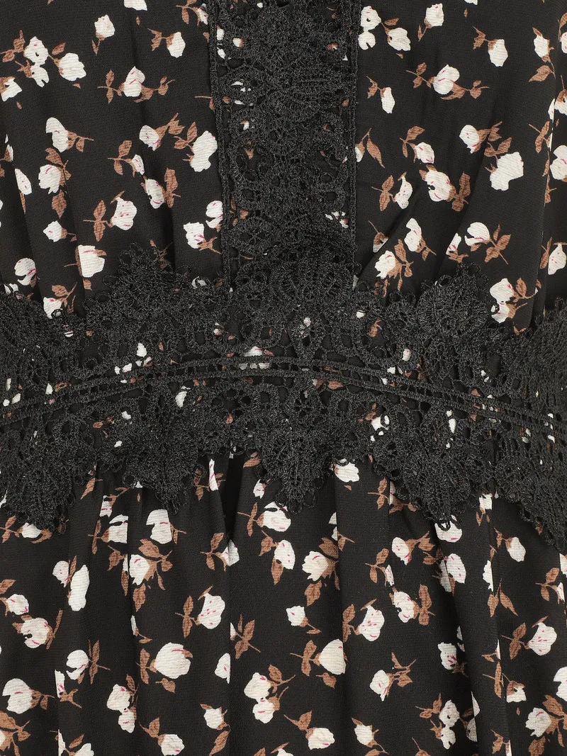 Langes Kleid mit Spitzenkragen und Blumenmuster - Schwarz