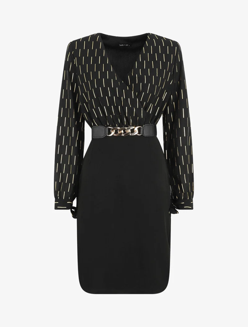 Midikleid mit goldenem Druckmuster - Schwarz
