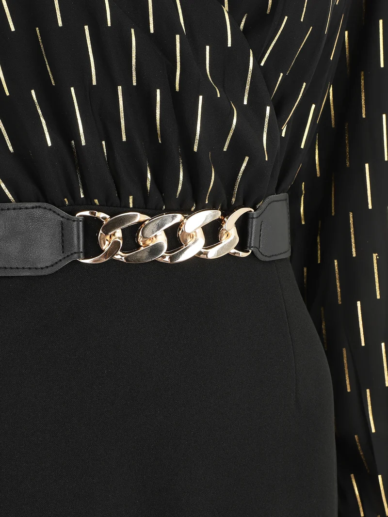 Midikleid mit goldenem Druckmuster - Schwarz