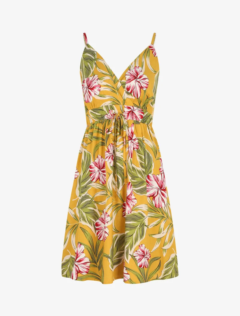 Midikleid mit Blätterdruck - Gelb