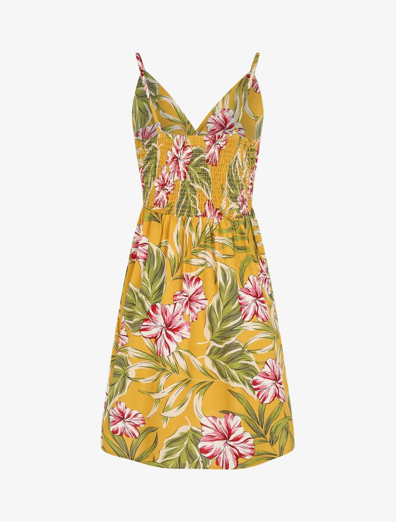 Midikleid mit Blätterdruck - Gelb