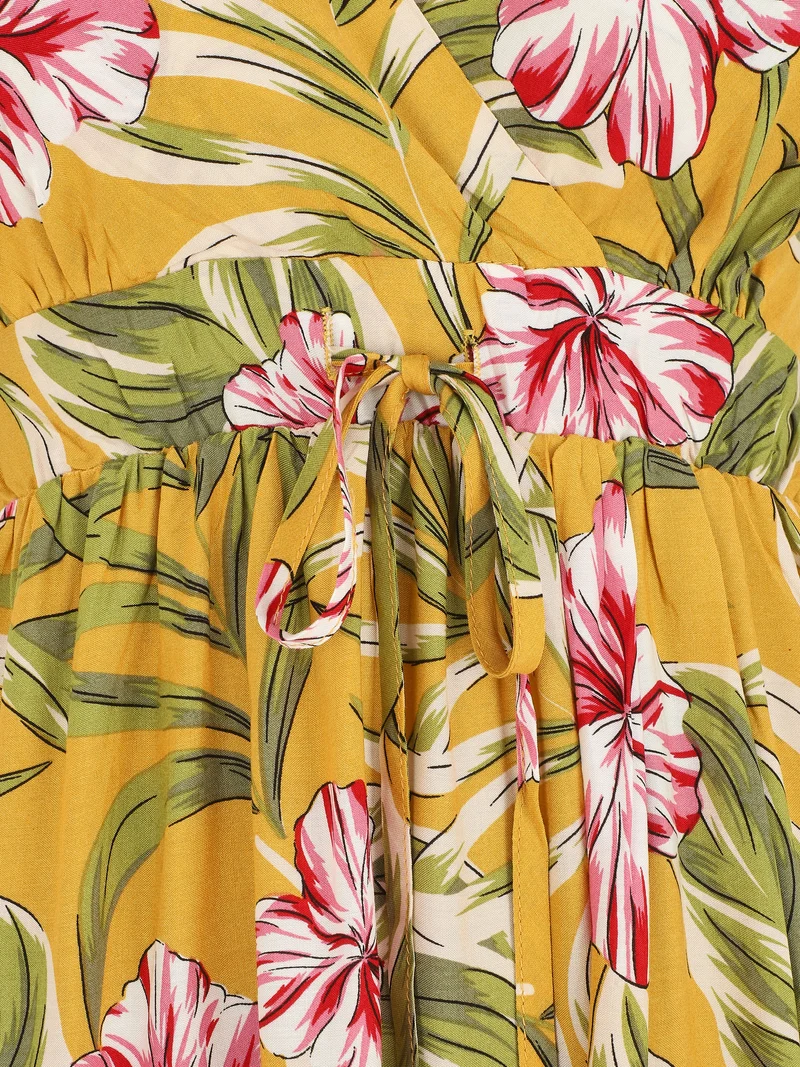 Midikleid mit Blätterdruck - Gelb