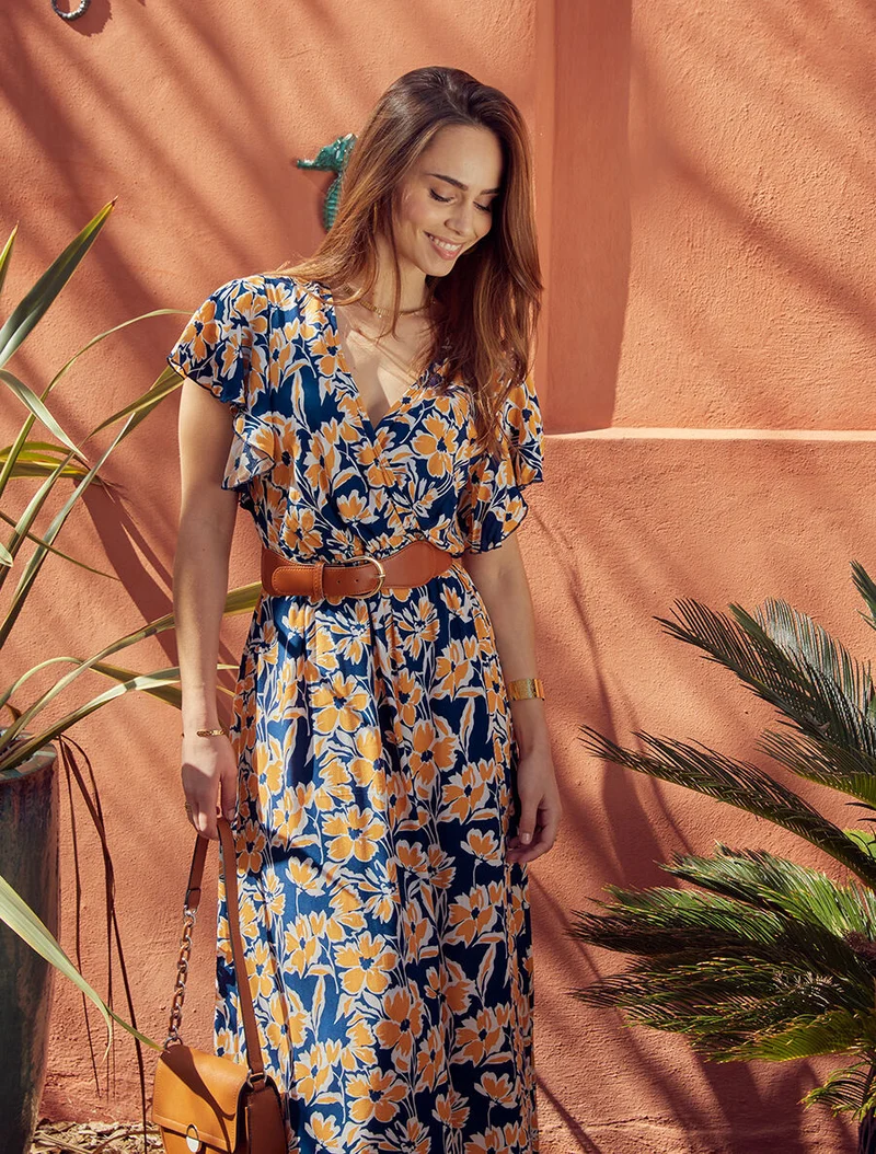 Langes Empirekleid mit Rüschenärmeln - Marine