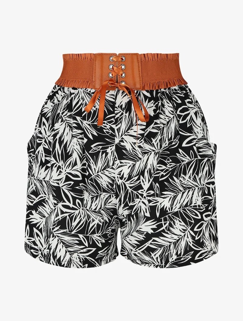 Hoch taillierte Shorts im Korsettstil mit tropischem Print - Schwarz
