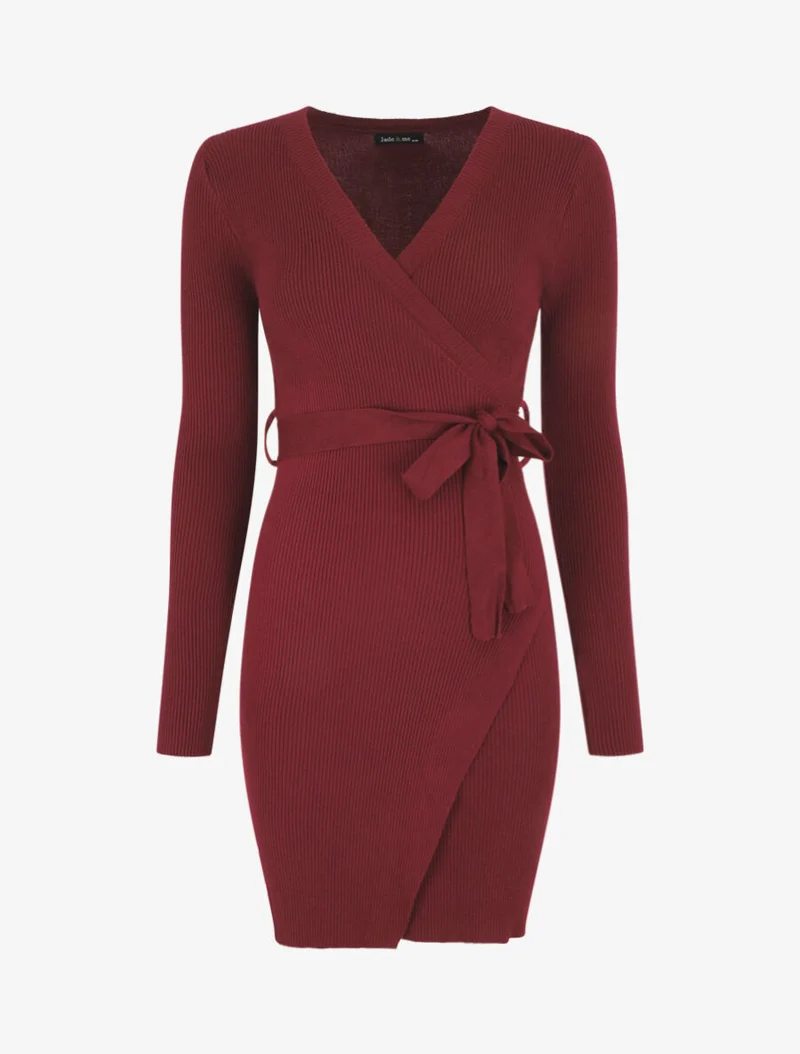 Geripptes Wickelkleid im Bodycon-Stil - Bordeaux
