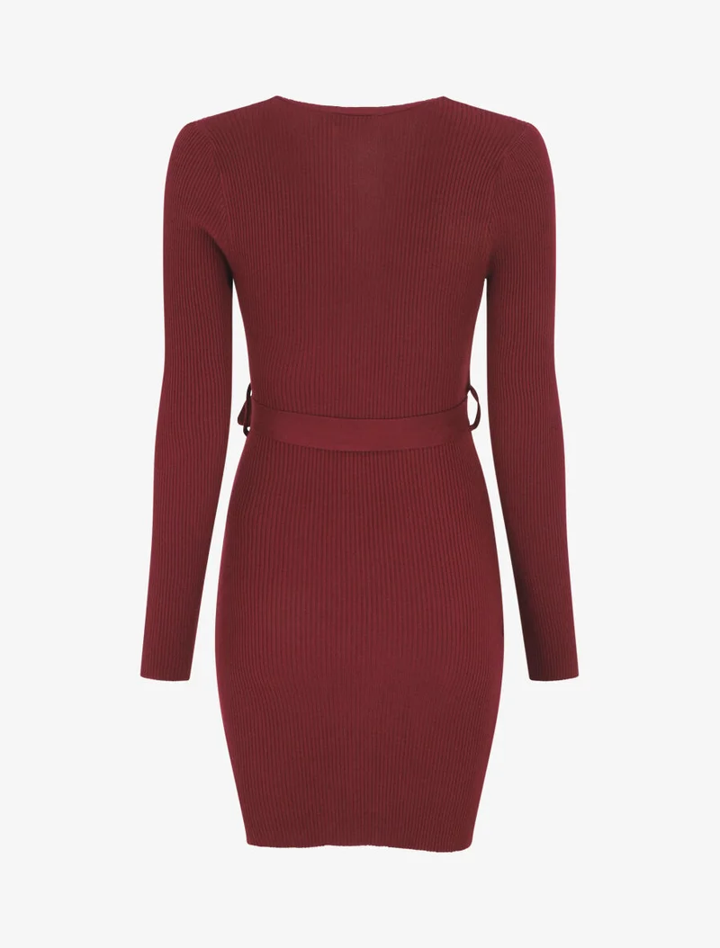 Geripptes Wickelkleid im Bodycon-Stil - Bordeaux