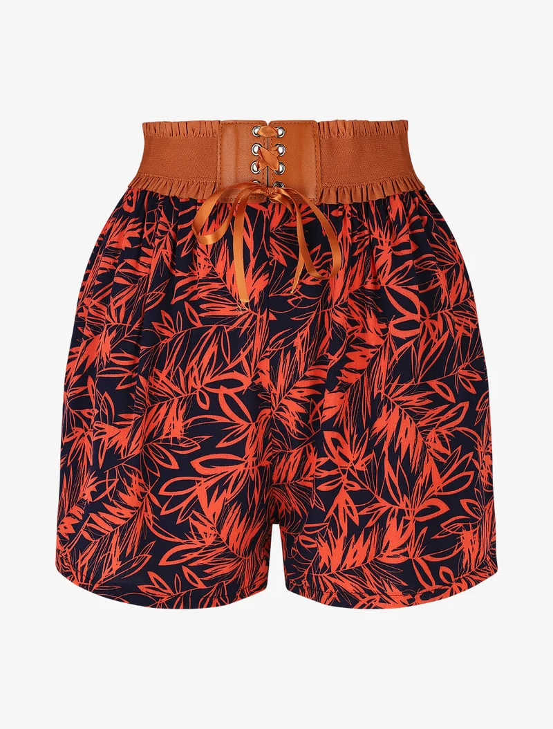 Hoch taillierte Shorts im Korsettstil mit tropischem Print - Rot