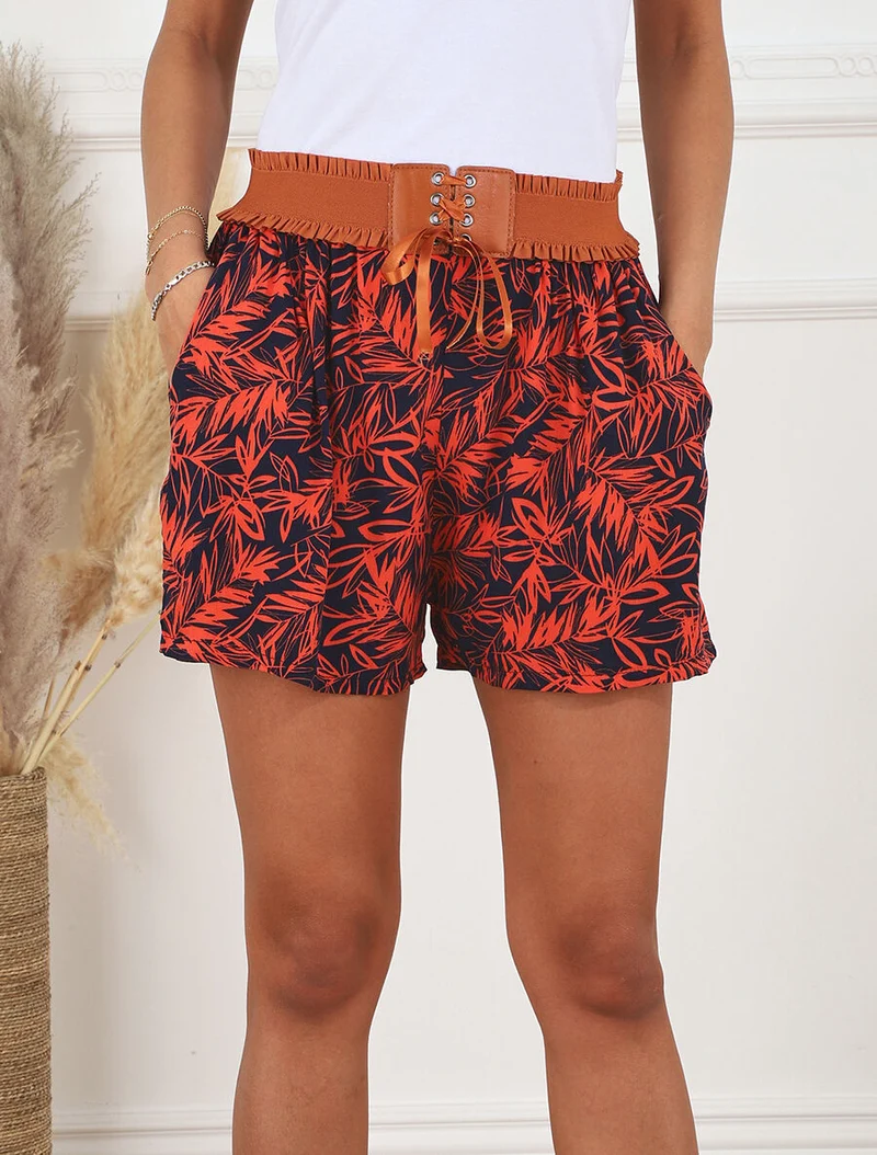 Hoch taillierte Shorts im Korsettstil mit tropischem Print - Rot
