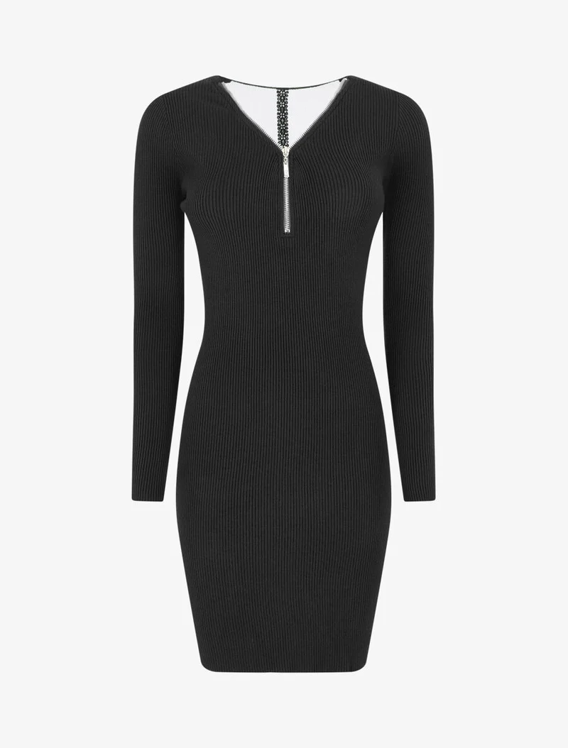 Geripptes Strickkleid mit offener Rückenpartie - Schwarz