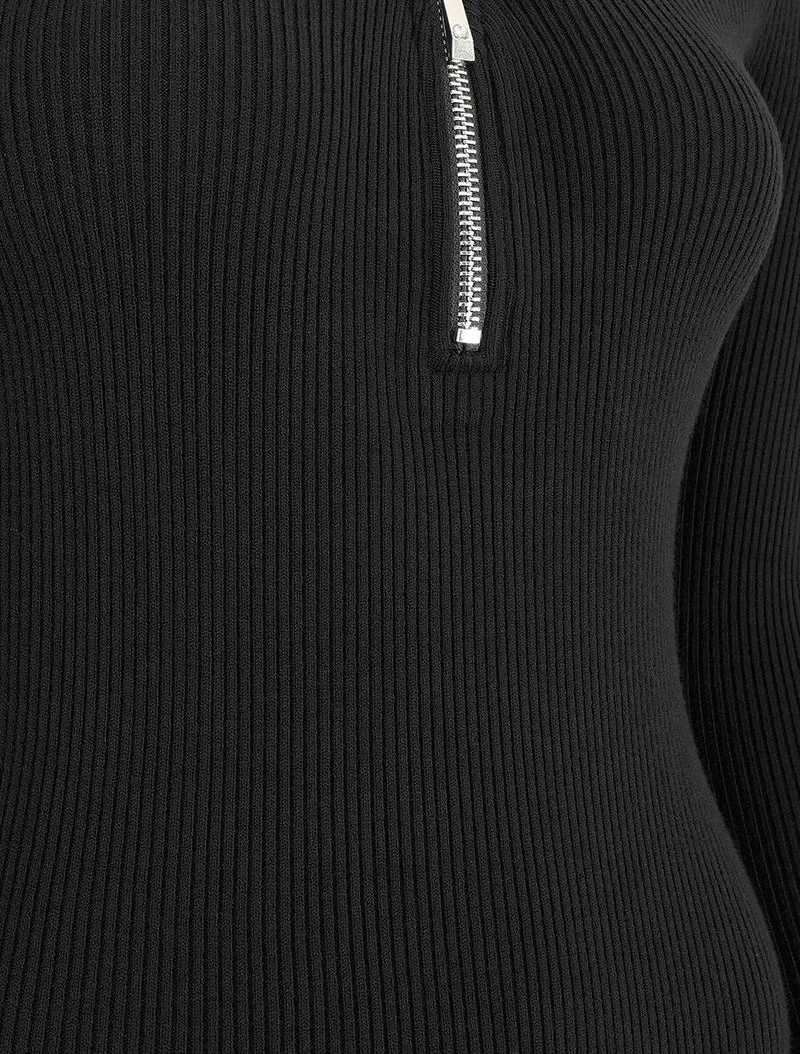 Geripptes Strickkleid mit offener Rückenpartie - Schwarz