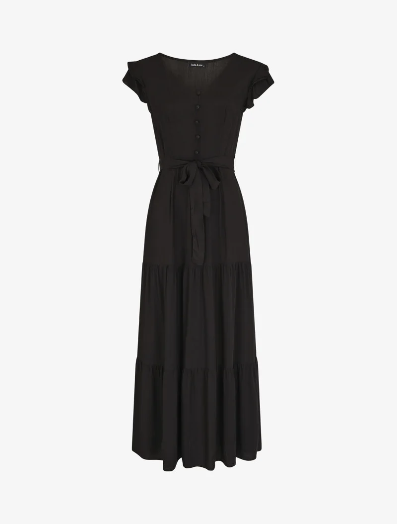 Ärmelloses, einfarbiges, langes Kleid mit Rüschen. - Schwarz