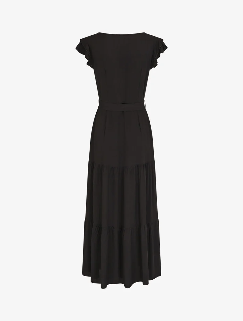 Ärmelloses, einfarbiges, langes Kleid mit Rüschen. - Schwarz