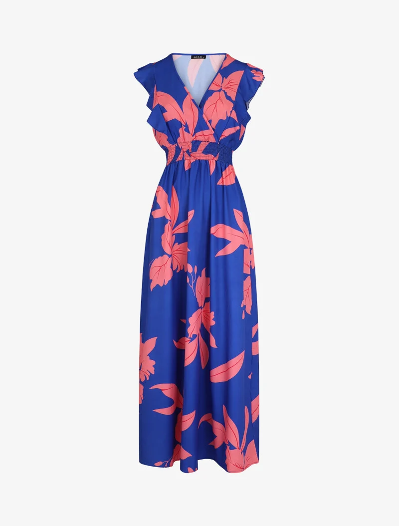 Ärmelloses langes Kleid mit Volants und Pflanzenmuster - Blau