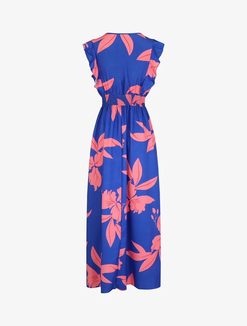 Ärmelloses langes Kleid mit Volants und Pflanzenmuster - Blau