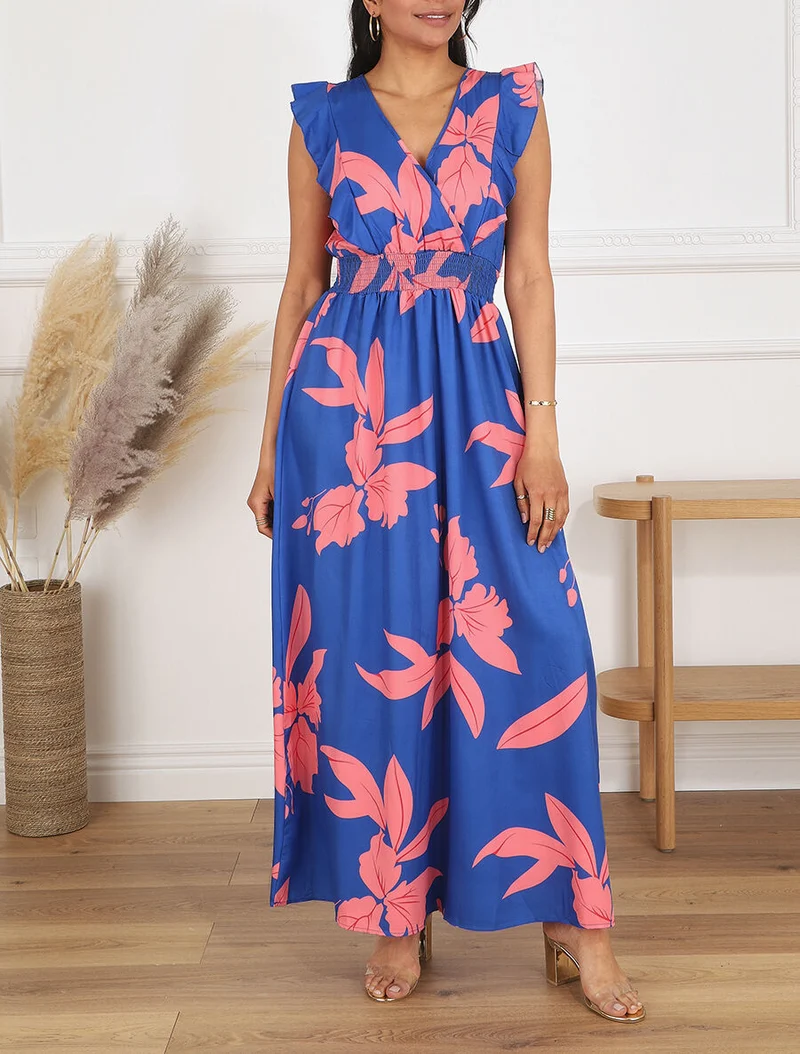 Ärmelloses langes Kleid mit Volants und Pflanzenmuster - Blau