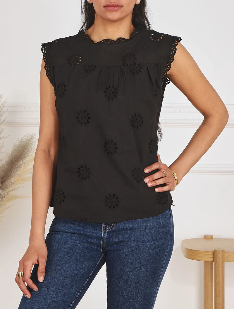 Ärmellose einfarbige Bluse mit Blumenmuster - Schwarz