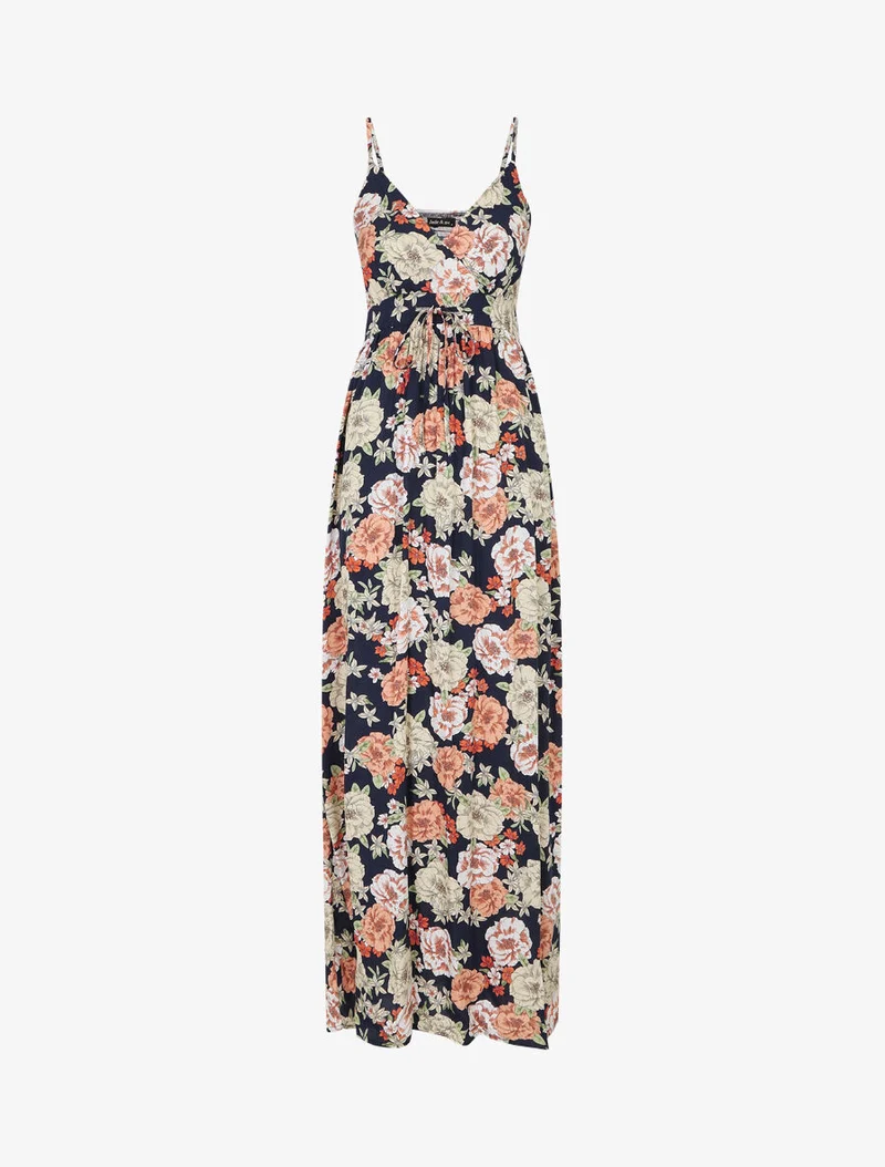 Langes Kleid mit Mehrblumendruck - Marine