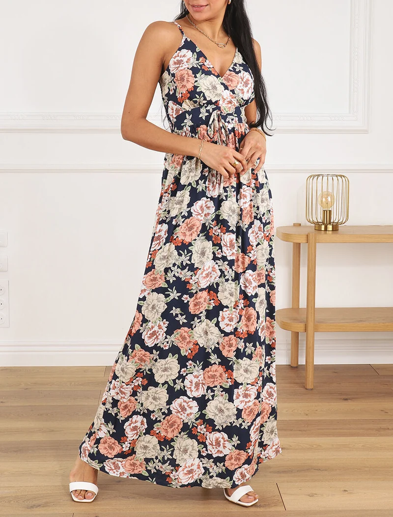 Langes Kleid mit Mehrblumendruck - Marine