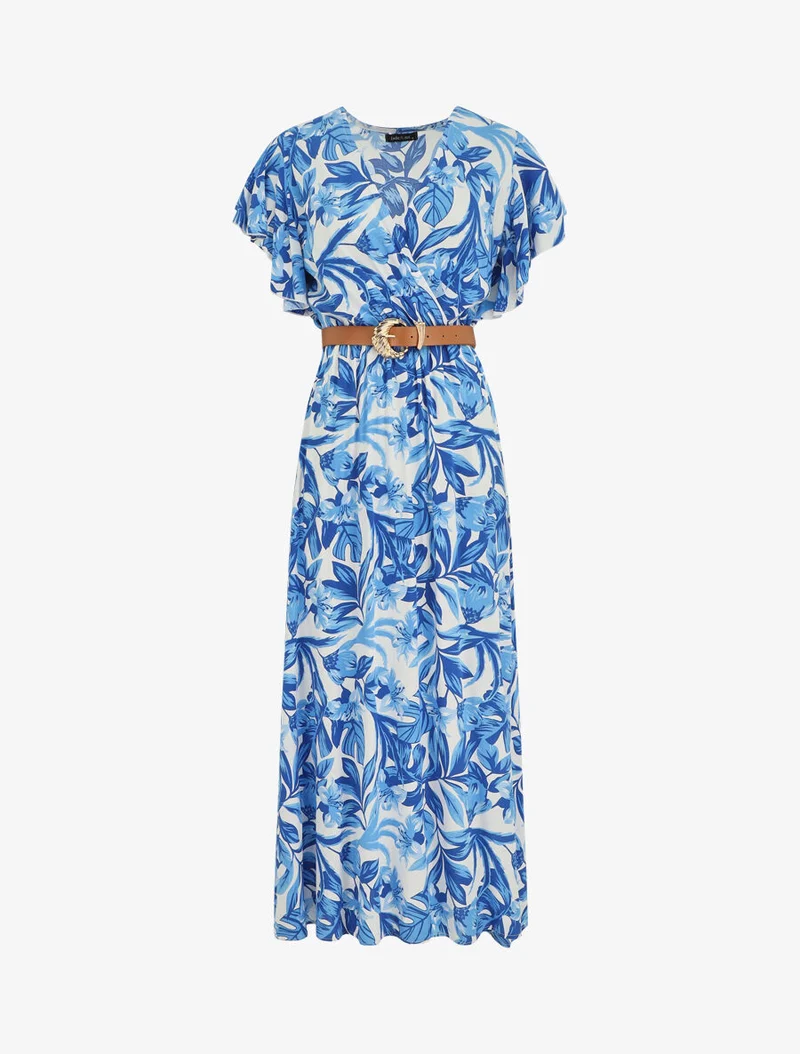Langes Kleid mit kurzen Ärmeln und Blumenmuster - Blau