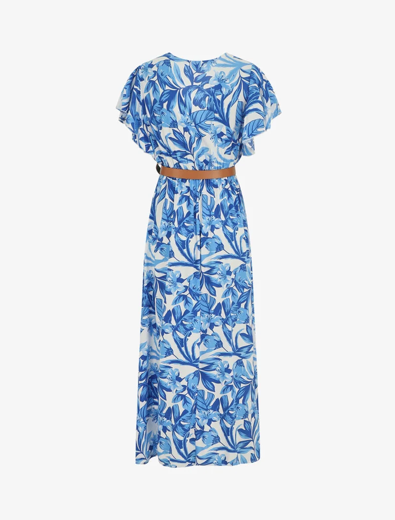 Langes Kleid mit kurzen Ärmeln und Blumenmuster - Blau