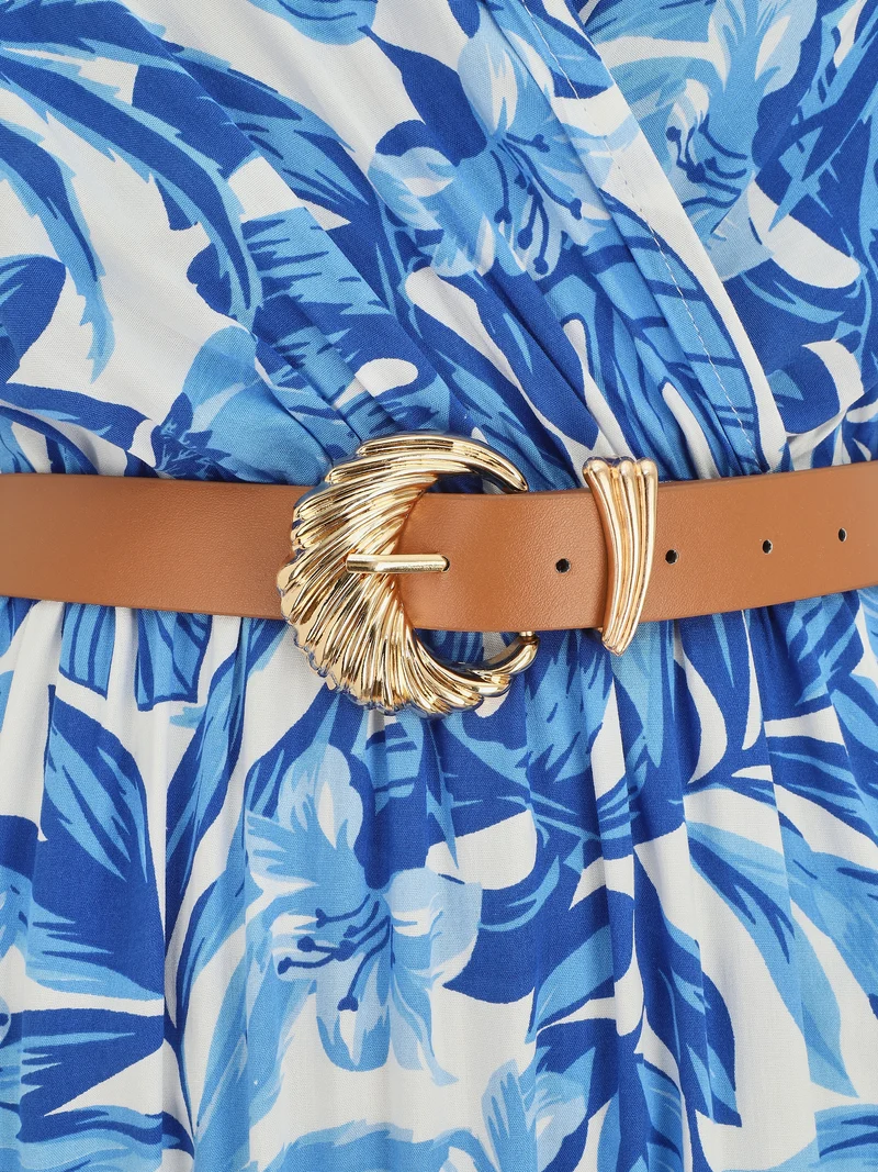Langes Kleid mit kurzen Ärmeln und Blumenmuster - Blau