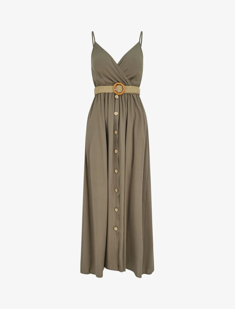 Langes einfarbiges Kleid mit Trägern und Knöpfen - Kaki